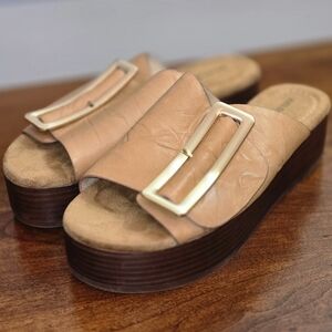 Kelsi Dagger Camel Leather Mules with Metallic Buckle